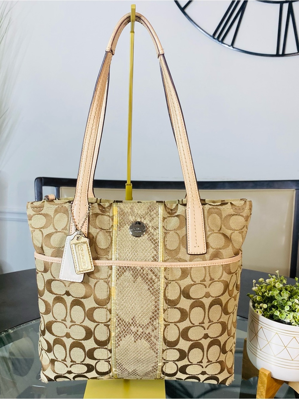 COACH F27362 Signature Khaki Canvas Python Stripe Tote Bag Purse Khaki Gold